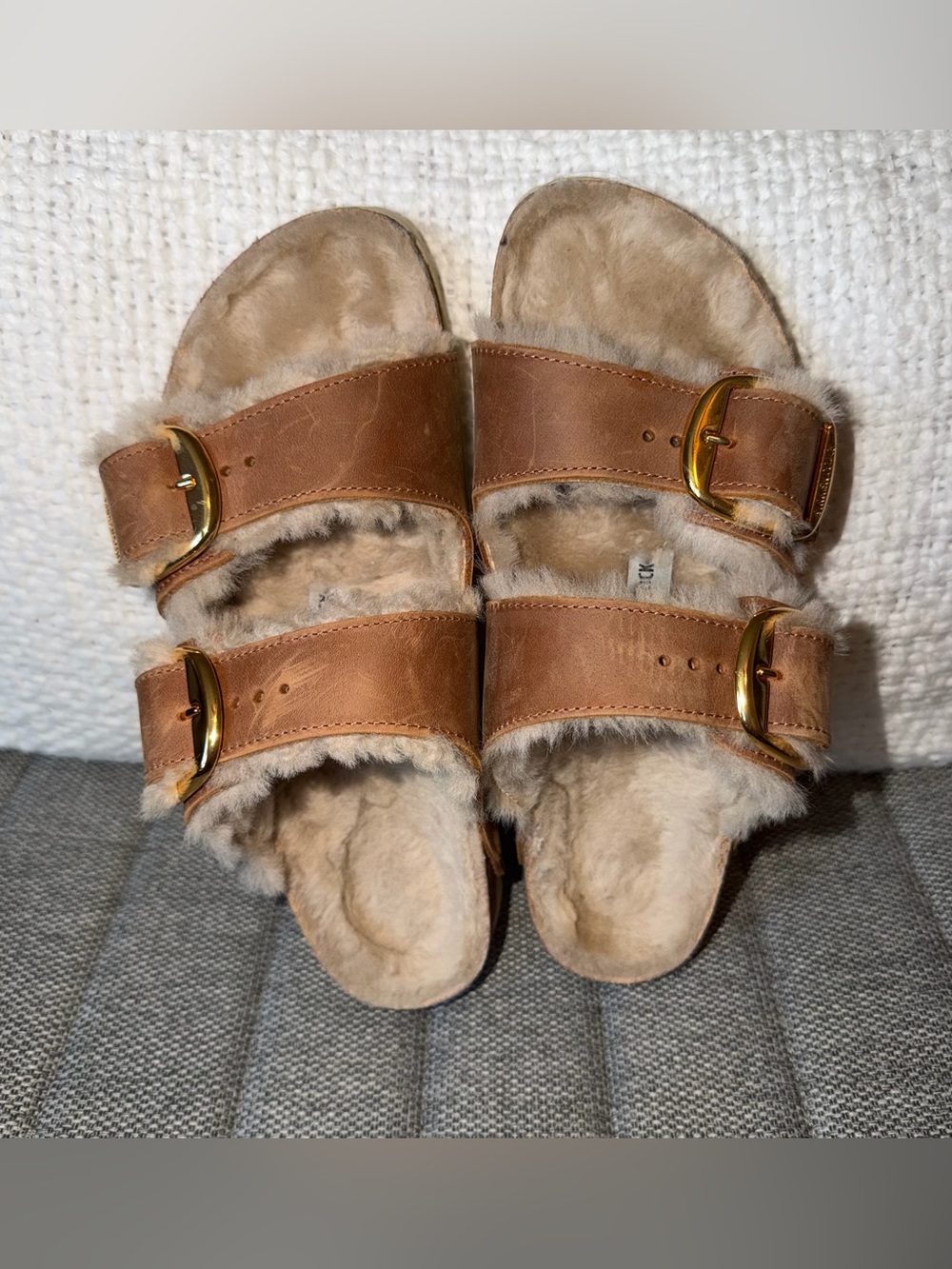 Birkenstock Tan Leather Shearling Arizona Big Buckle 8-8.5 39